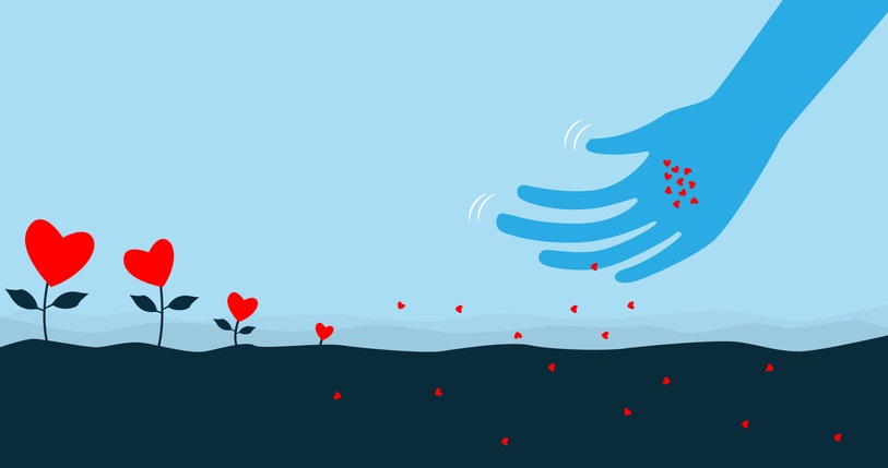 Illustration of a hand scattering little red hearts on the ground like planting seeds, with red heart flowers sprouting up