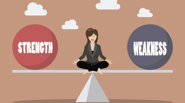 Business woman balancing between strength and weakness. Vector illustration