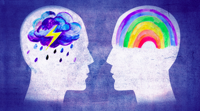 2 illustrated profiles of human head facing each other. 1 with a rainbow and one with a storm cloud