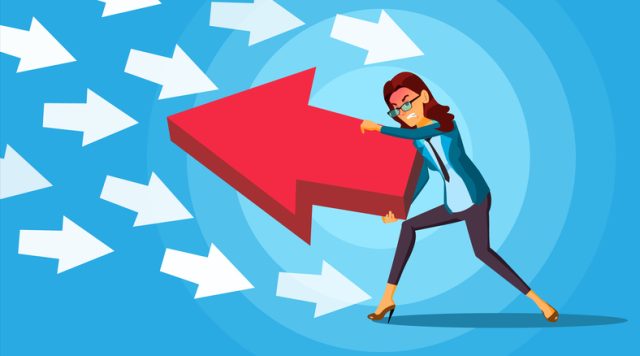 Business Woman Pushing Arrow Vector. Opponent Concept. Opposite Direction. Standing Out From The Crowd. Against Obstacles. Cartoon illustration