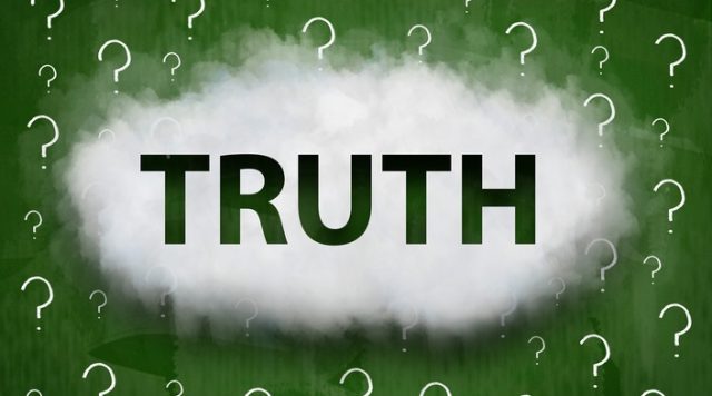 A green background with lots of small white question marks. In the middle is a white cloud with the worth "truth" written inside it