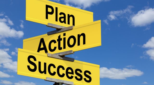 A yellow street sign with 3 directions: "Plan", "Action", and "Success" with a blue sky and white clouds in the background