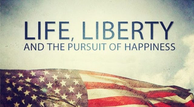 An American flag and the words "life, liberty, and the pursuit of happiness"
