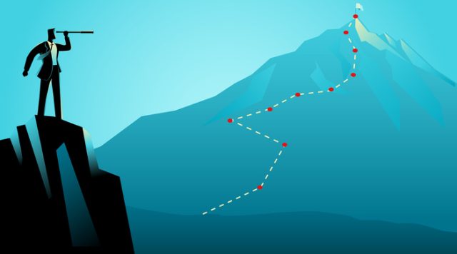 Illustration of a man looking through a telescope at a mountain. The mountain has a path drawn onto it and a flag at the top