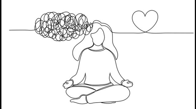 Drawing of a women sitting cross-legged in a yoga pose. A messy squiggly line enters her head on the left side and a straight line with a heard comes out on the right side