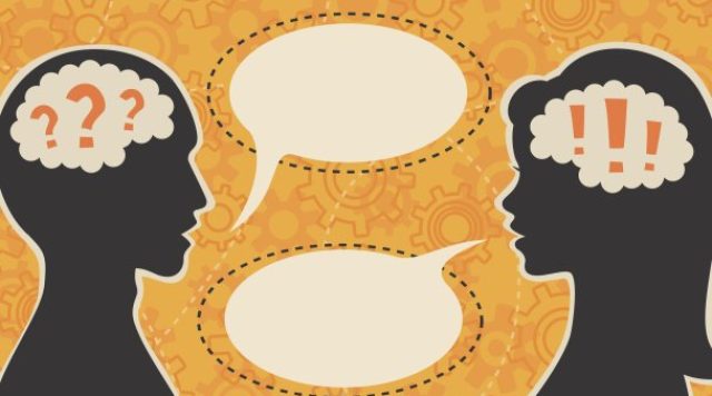 2 silhouettes of human heads in side profile, 1 with question marks inside the head, the other with exclamation points. They are facing each other and each has a blank speech bubble coming from their mouth