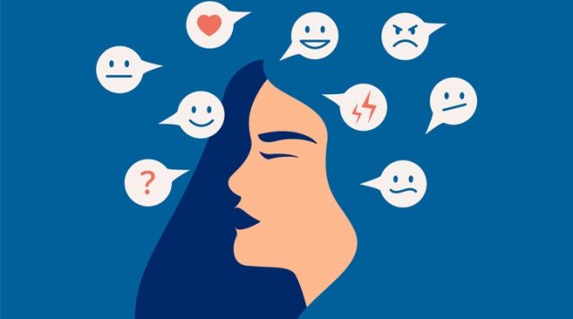 Photo of woman's face with multiple emojis around her head to depict emotions