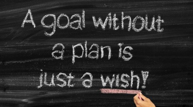Writing on a chalkboard that says "A goal without a plan is just a wish!"
