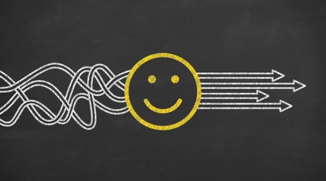 A picture of a smiley face with squiggly lines going into it on the left and straight arrow lines coming out of it on the right