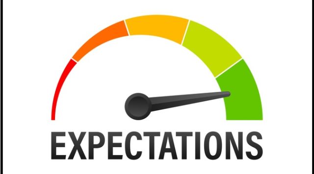 A graphic of a speedometer labeled "expectations" with the arrow pointing at the highest level