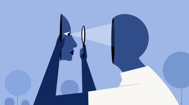 Conceptual illustration of a person holding a section of his face and looking in to his brain through a magnifying glass