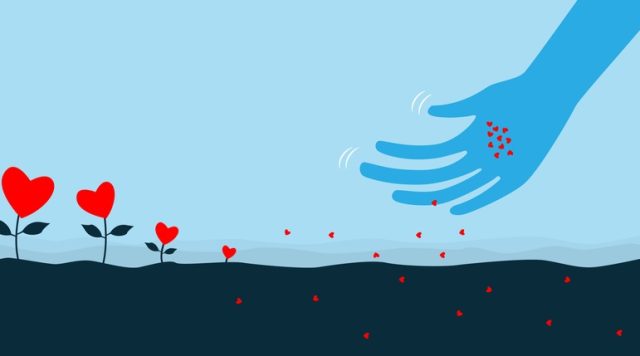 Illustration of a hand scattering little red hearts on the ground like planting seeds, with red heart flowers sprouting up