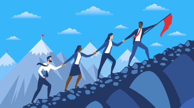 Illustration of 4 people in a line, climbing up a mountain, with the leader pointing the way with a red flag