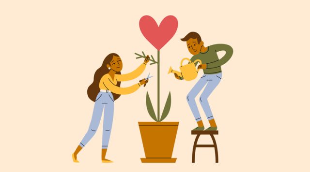 Illustration of a man and woman tending to a plant growing out of a pot. The plant has a large red heart at the top instead of a flower.