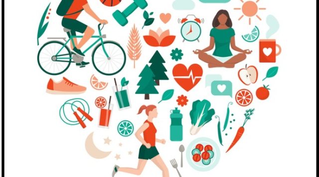 Healthy lifestyle and self-care concept with food, sports and nature icons arranged in a heart shape