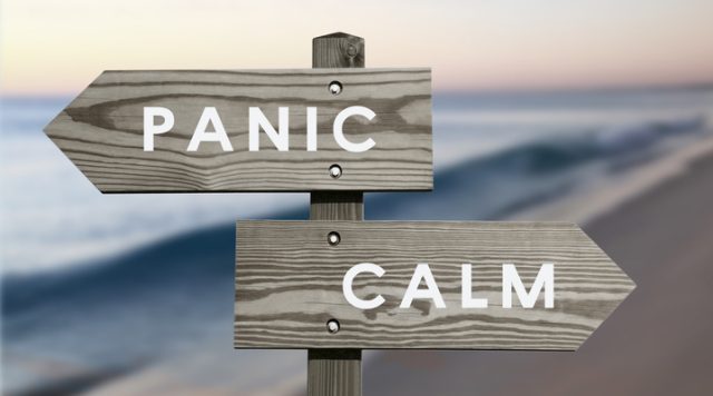 A beach in the background with a directional sign in the foreground. One arrow points to the left and says "panic" while the other pointing to the right says "calm"