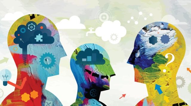 Illustration of 3 human head silhouettes, each with different colors and drawings within