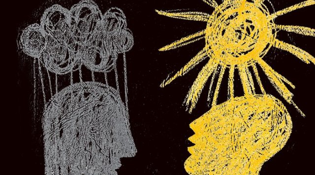 2 illustrated silhouettes of a human head; 1 in gray with a raincloud above it and the other in yellow with a sunshine above it