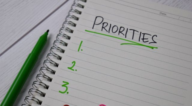 A notebook with the word "priorities" written and underlined with numbers 1, 2, and 3 written underneath