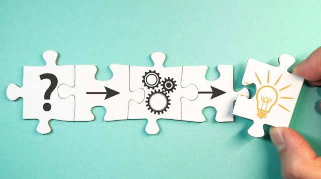 Five puzzle pieces being placed together, each with an illustration on them. From left to right: A question mark, an arrow pointing to the right, a set of three round gears, an arrow pointing right, a light bulb