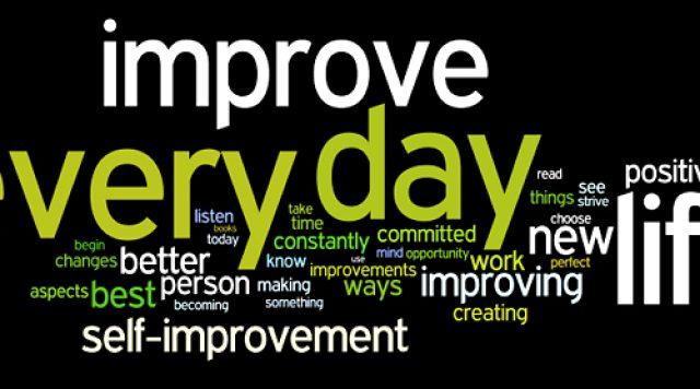 A word cloud on black background with words related to self-improvement in white and green text