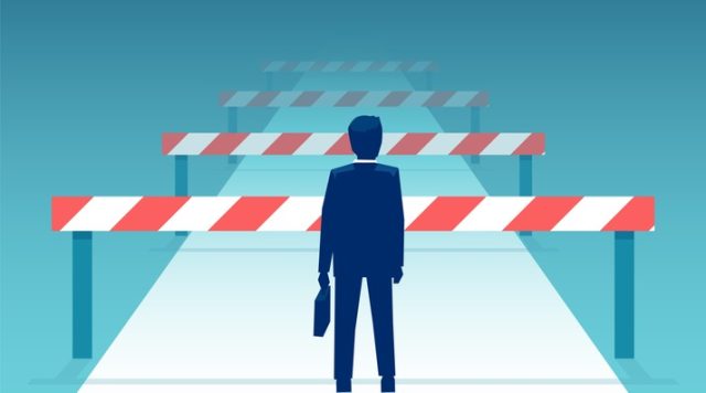 Illustration of a man facing a set of hurdles in the road that fade into the distance